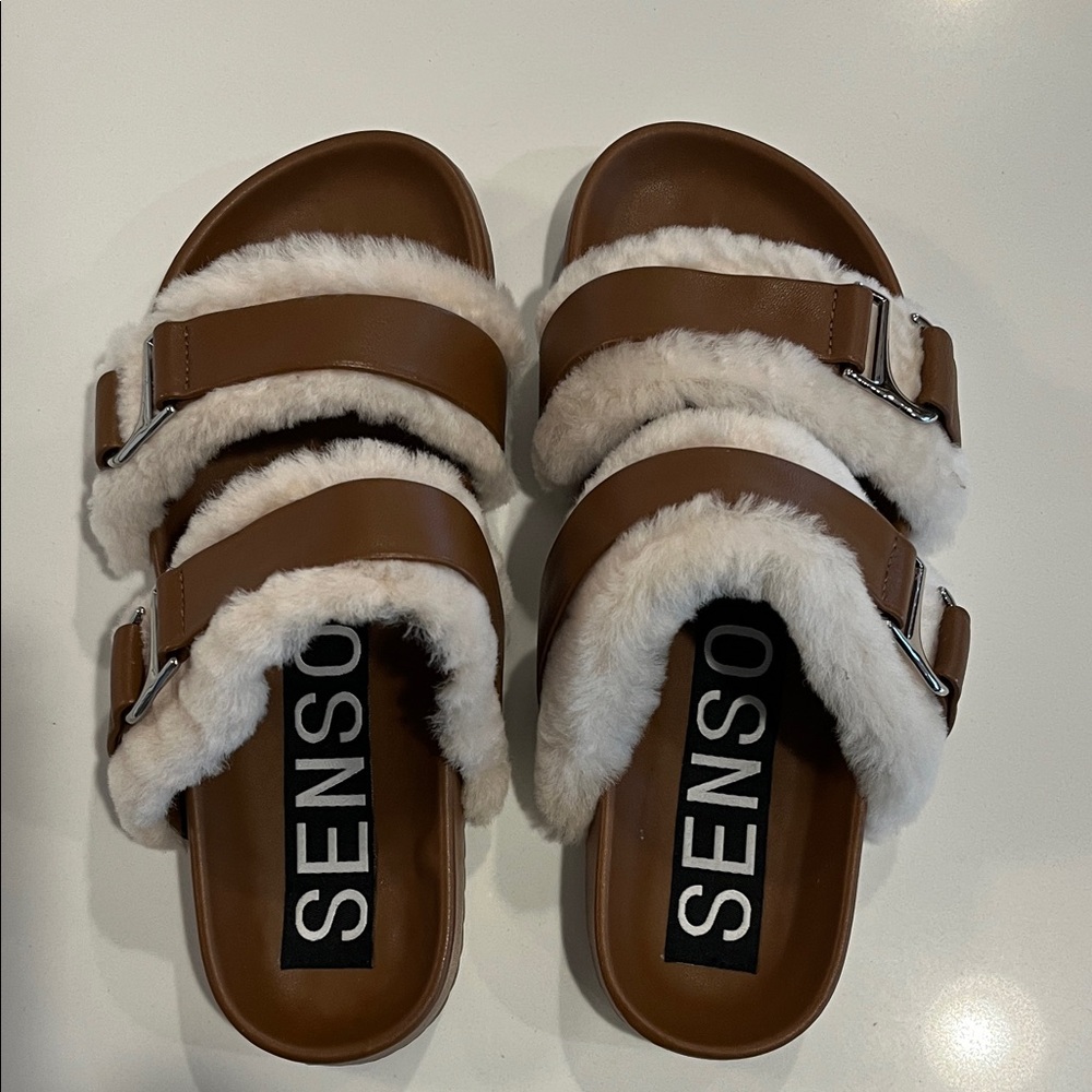 NWT SENSO Dalley Ivory Shearling Fur lined & Tan Leather Slides. Size 37